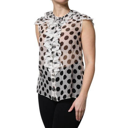 Dolce & Gabbana White Black Polka Dot Cotton Sleeveless Top