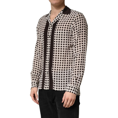 Dolce & Gabbana White Black Polka Dot Silk Men Casual Shirt