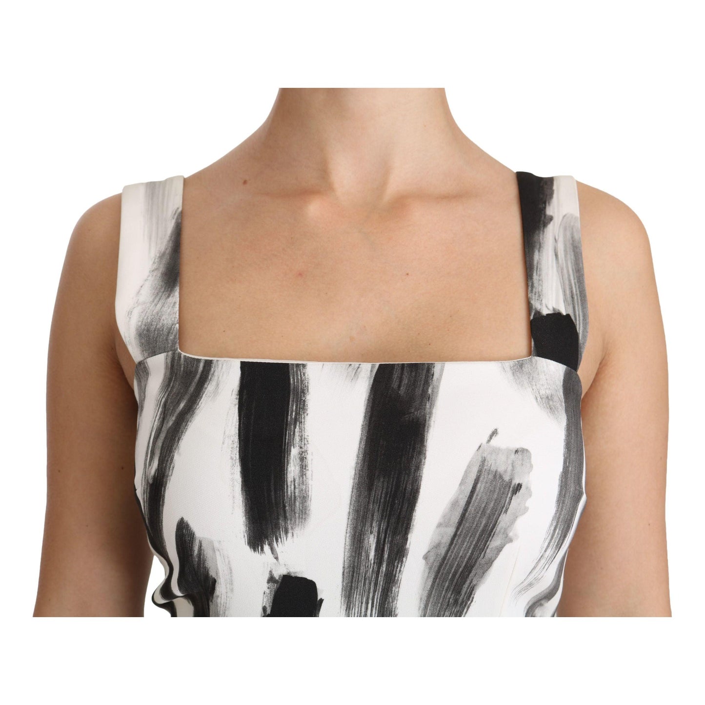 Dolce & Gabbana White Black Printed Sheath Midi Viscose Dress
