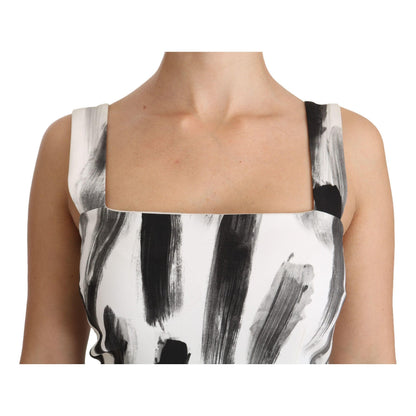 Dolce & Gabbana White Black Printed Sheath Midi Viscose Dress