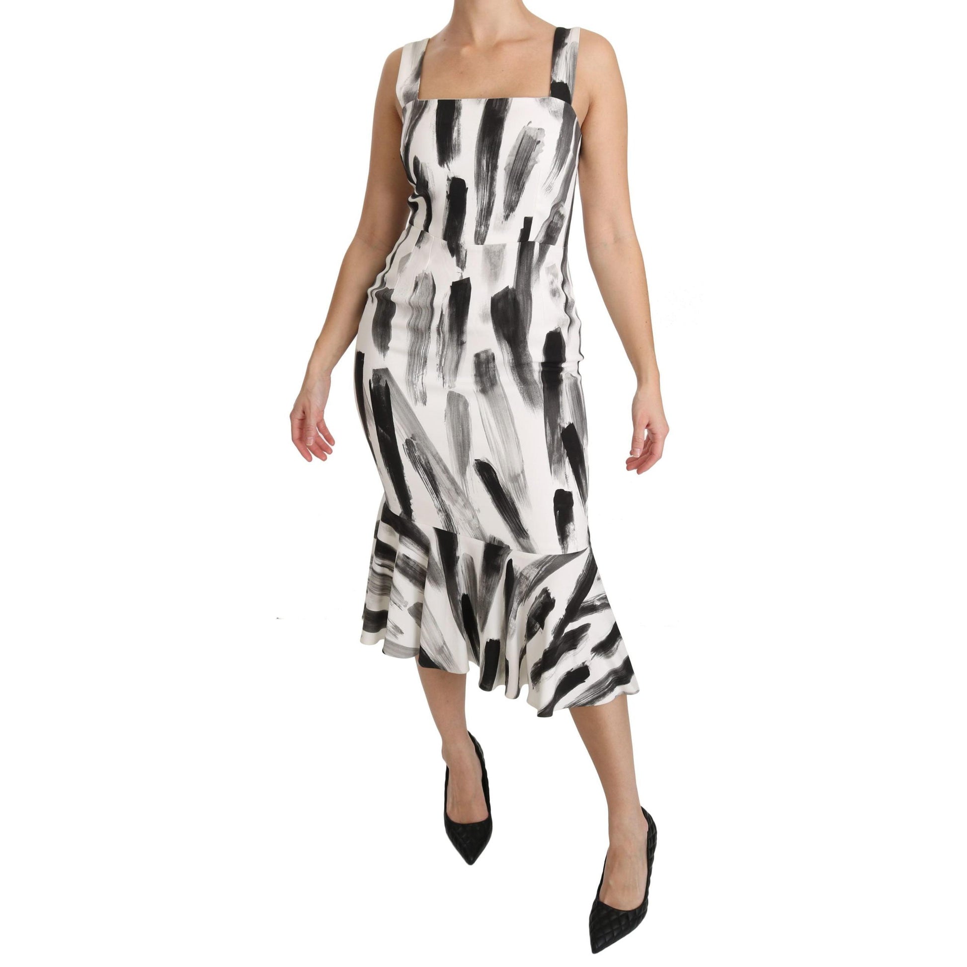 Dolce & Gabbana White Black Printed Sheath Midi Viscose Dress