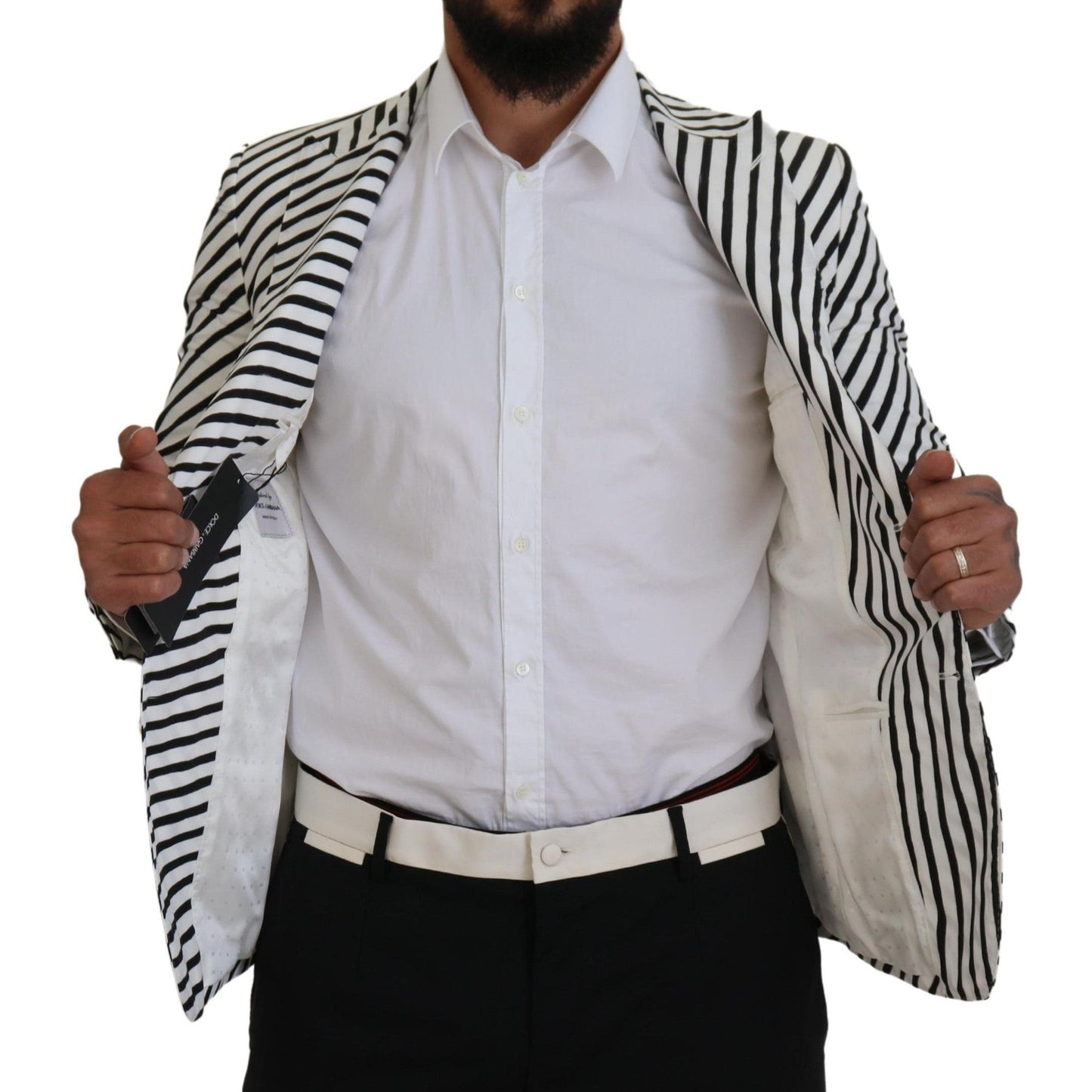 Dolce & Gabbana White Black Striped Slim Fit Jacket Blazer