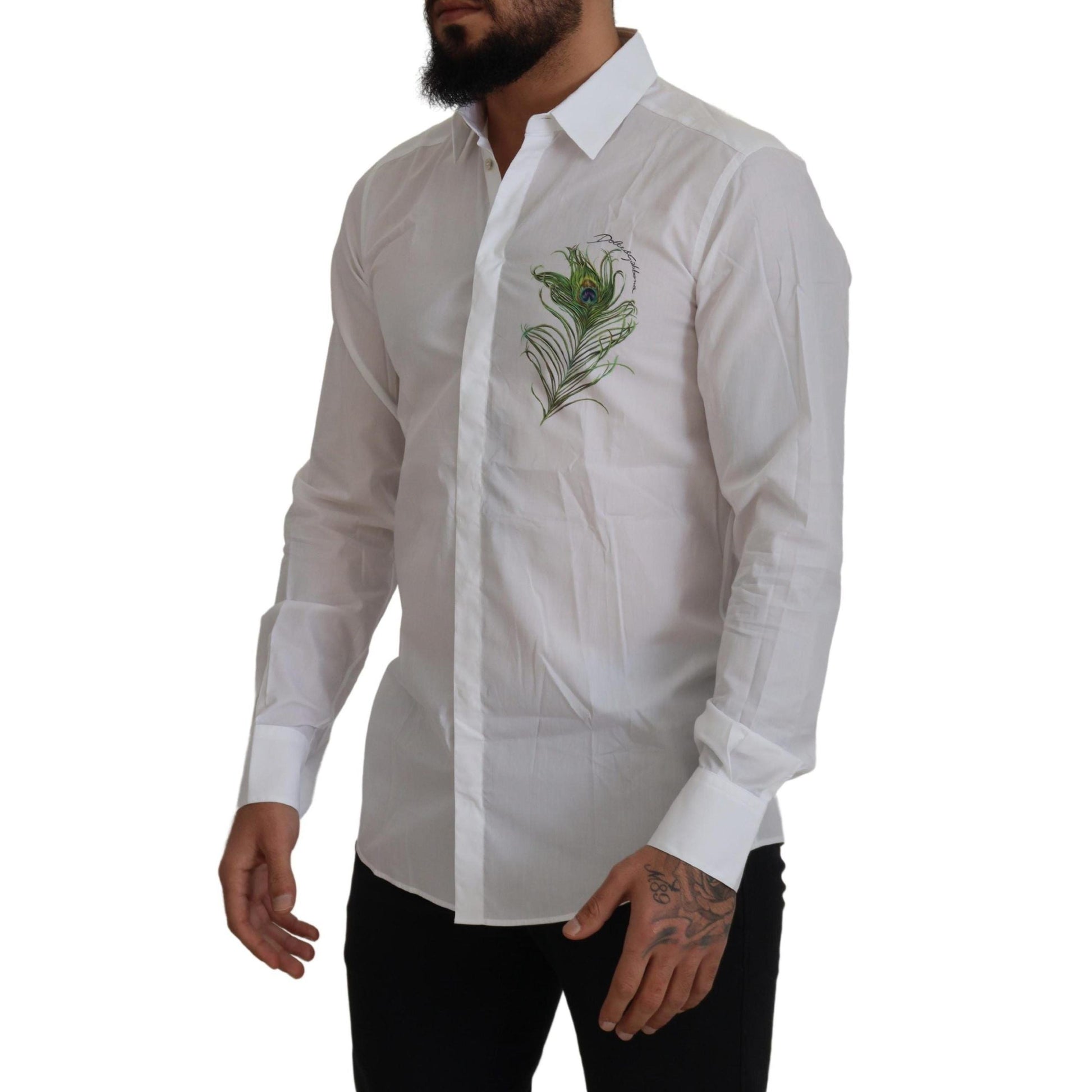 Dolce & Gabbana White Cotton Peacock Feather Formal GOLD Shirt