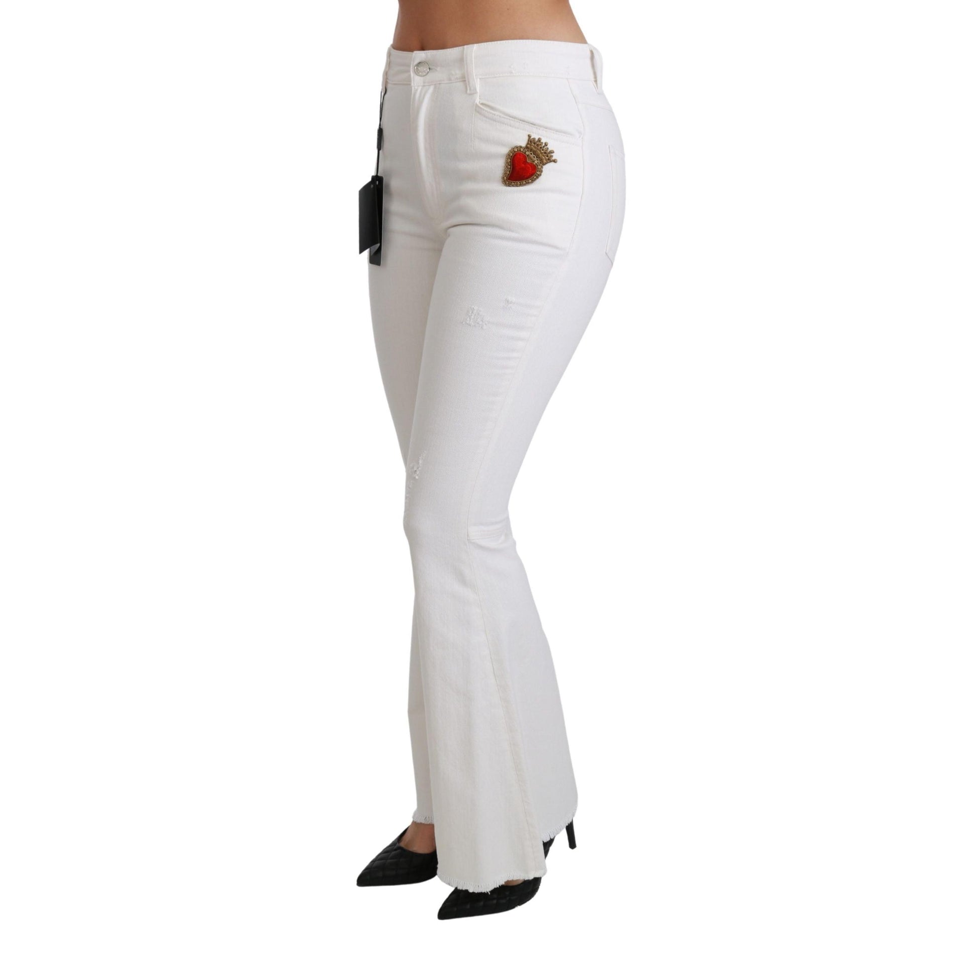 Dolce & Gabbana White Heart Flared Stretch Cotton Pants