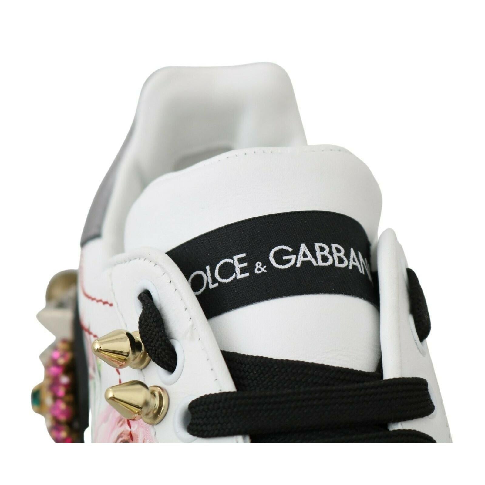 Dolce & Gabbana White Leather Crystal Roses Floral Sneakers Shoes
