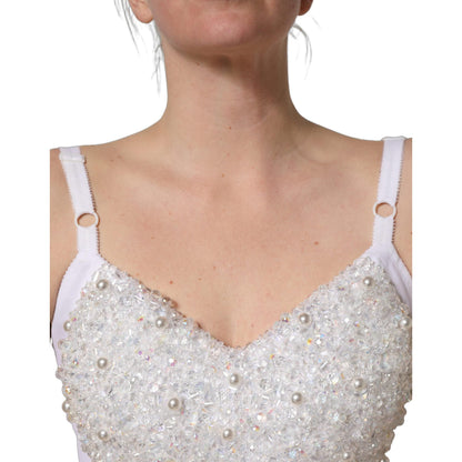 Dolce & Gabbana White Pearls Beaded Corset Bustier Crop Top