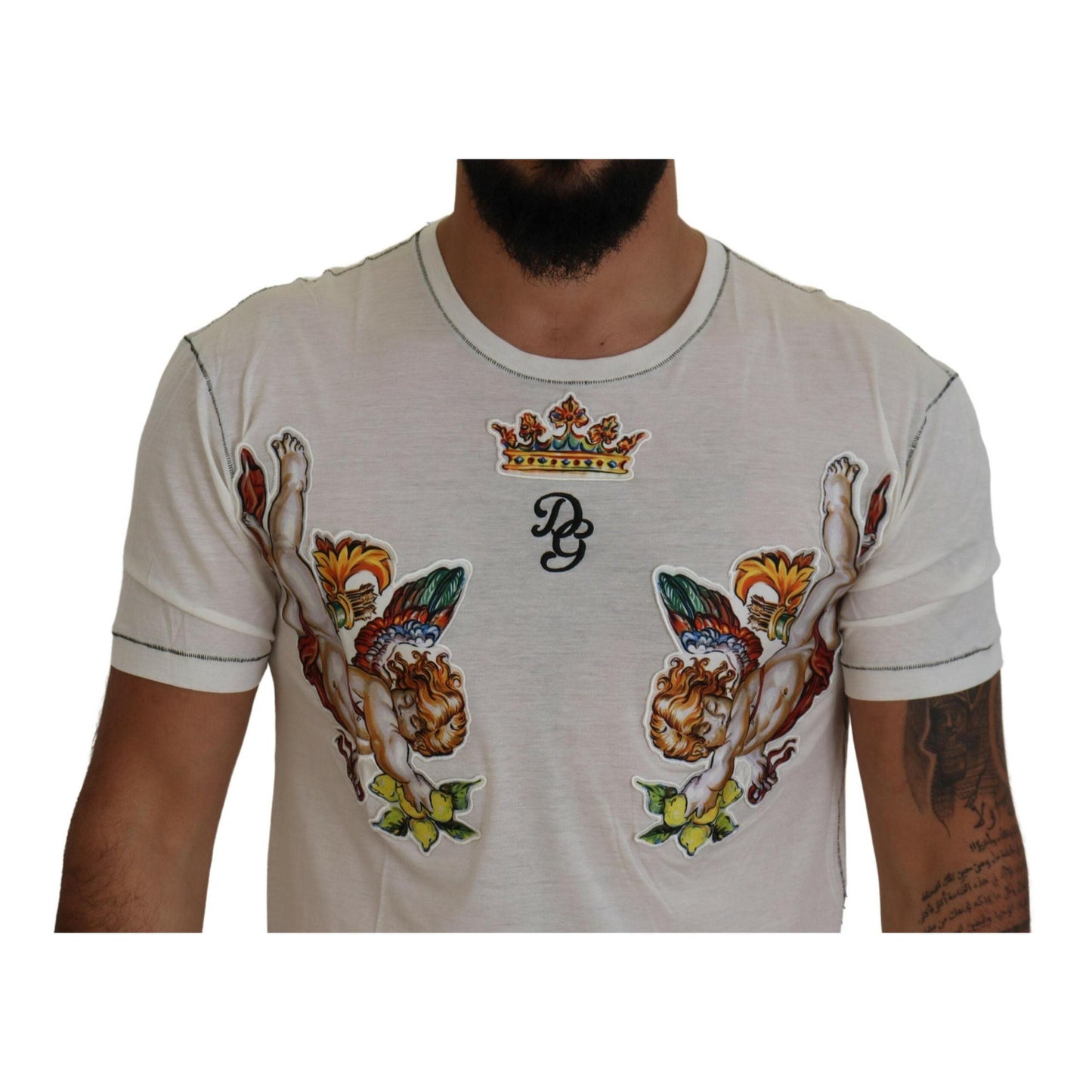 Dolce & Gabbana White Printed Short Sleeves Men T-shirt