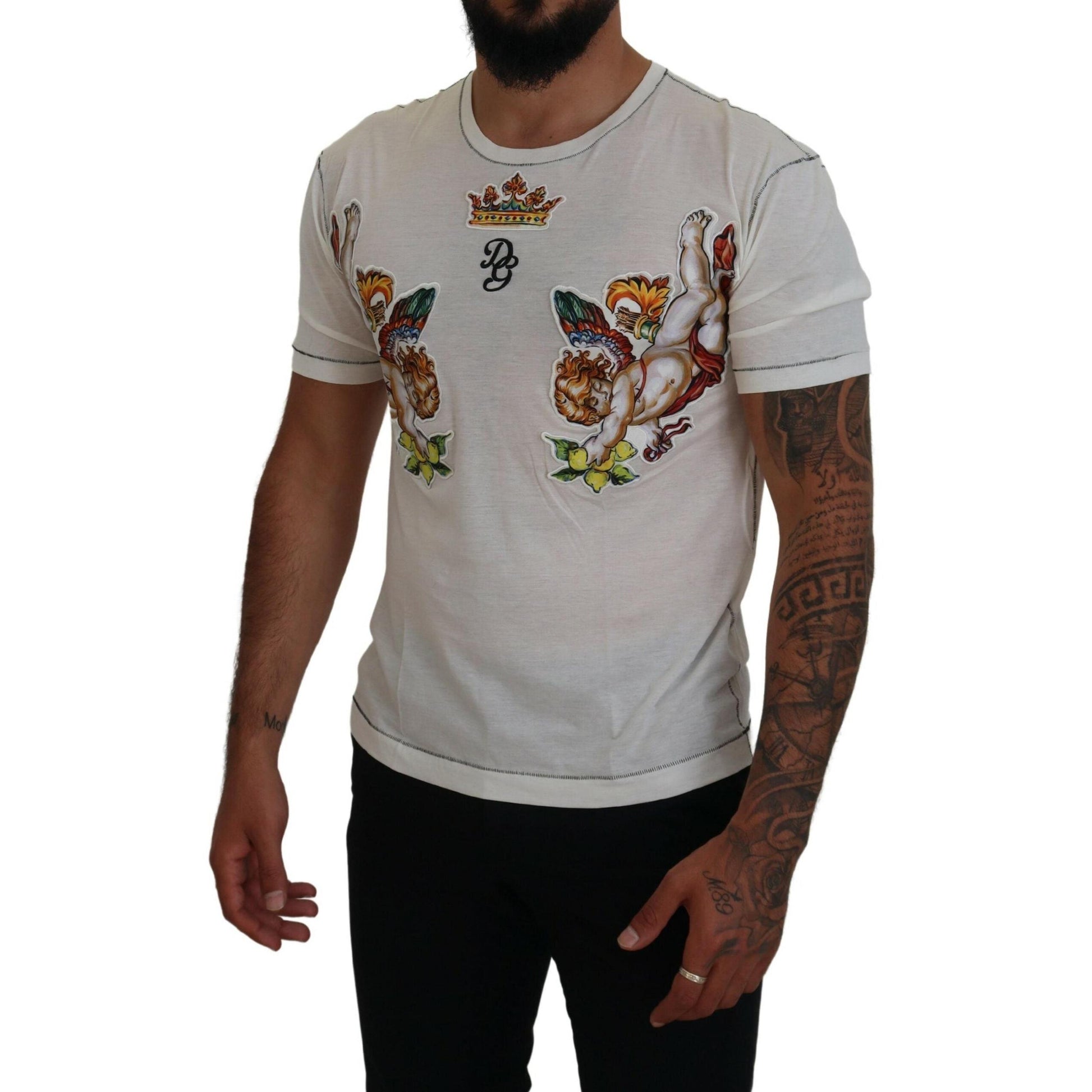 Dolce & Gabbana White Printed Short Sleeves Men T-shirt