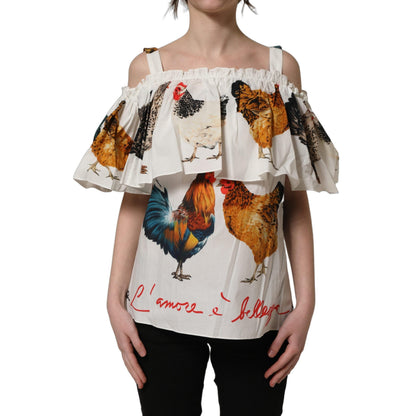 Dolce & Gabbana White Rooster Print Poplin Off The Shoulder Top