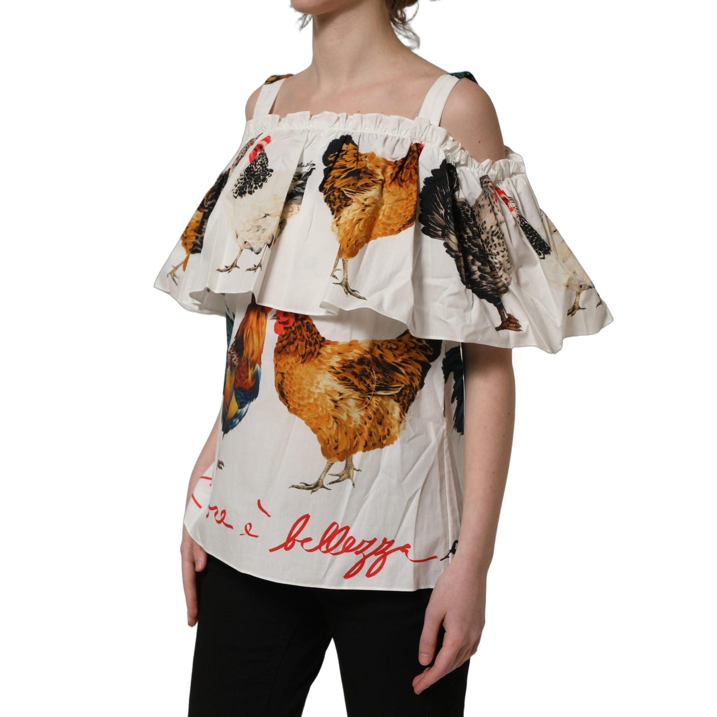Dolce & Gabbana White Rooster Print Poplin Off The Shoulder Top