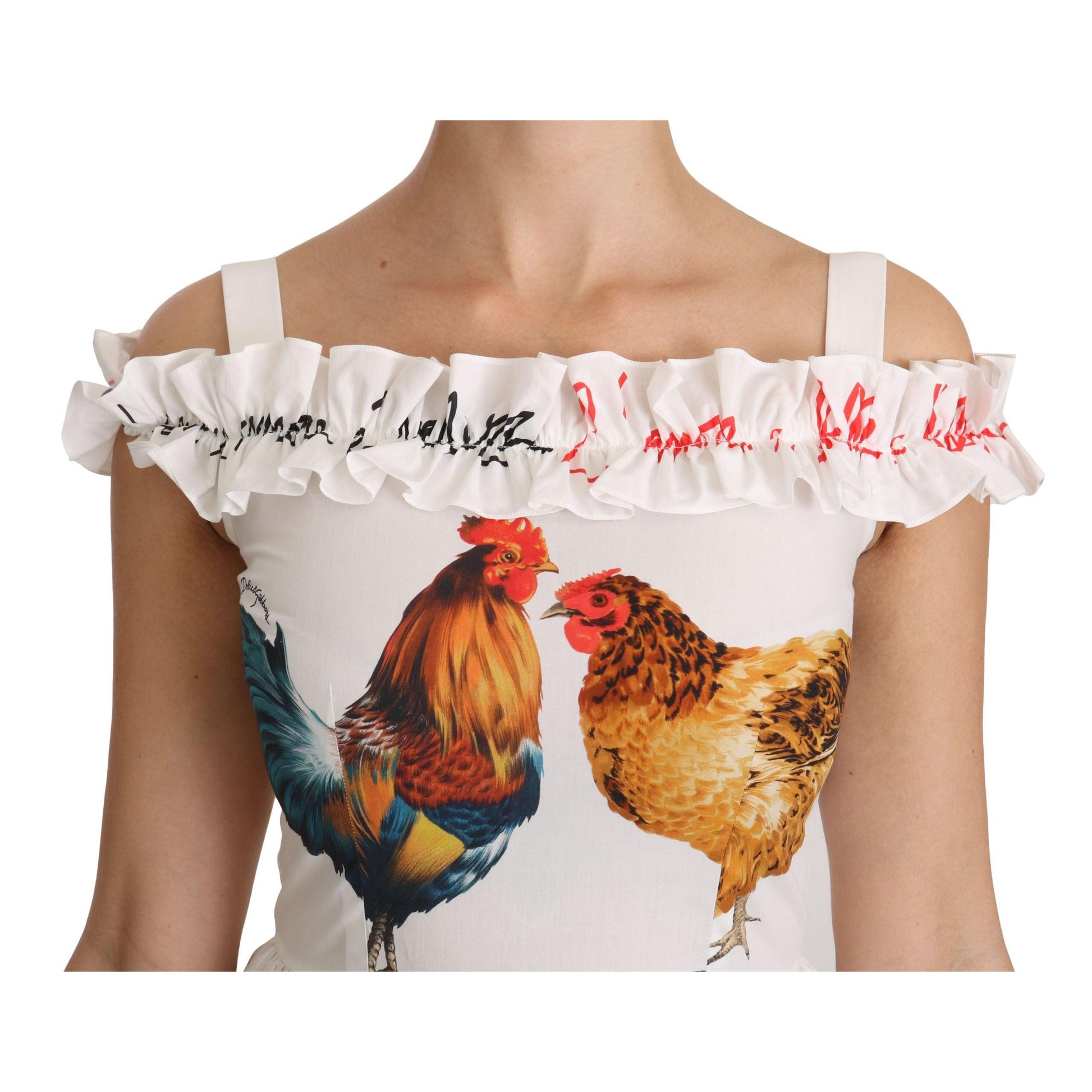 Dolce & Gabbana White Rooster Sheath Midi Cotton Dress