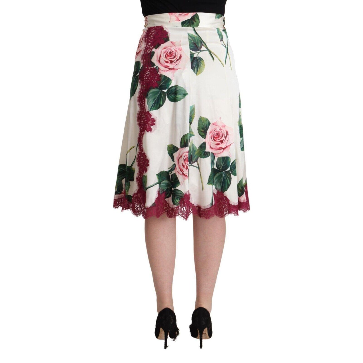 Dolce & Gabbana White Rose Print High Waist Midi A-line Skirt