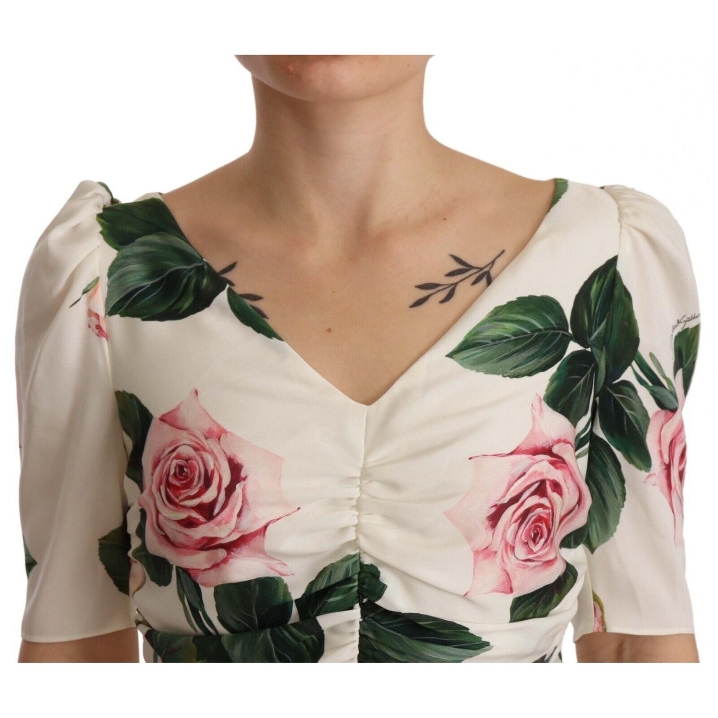 Dolce & Gabbana White Roses Print Stretch Silk Pleated Dress