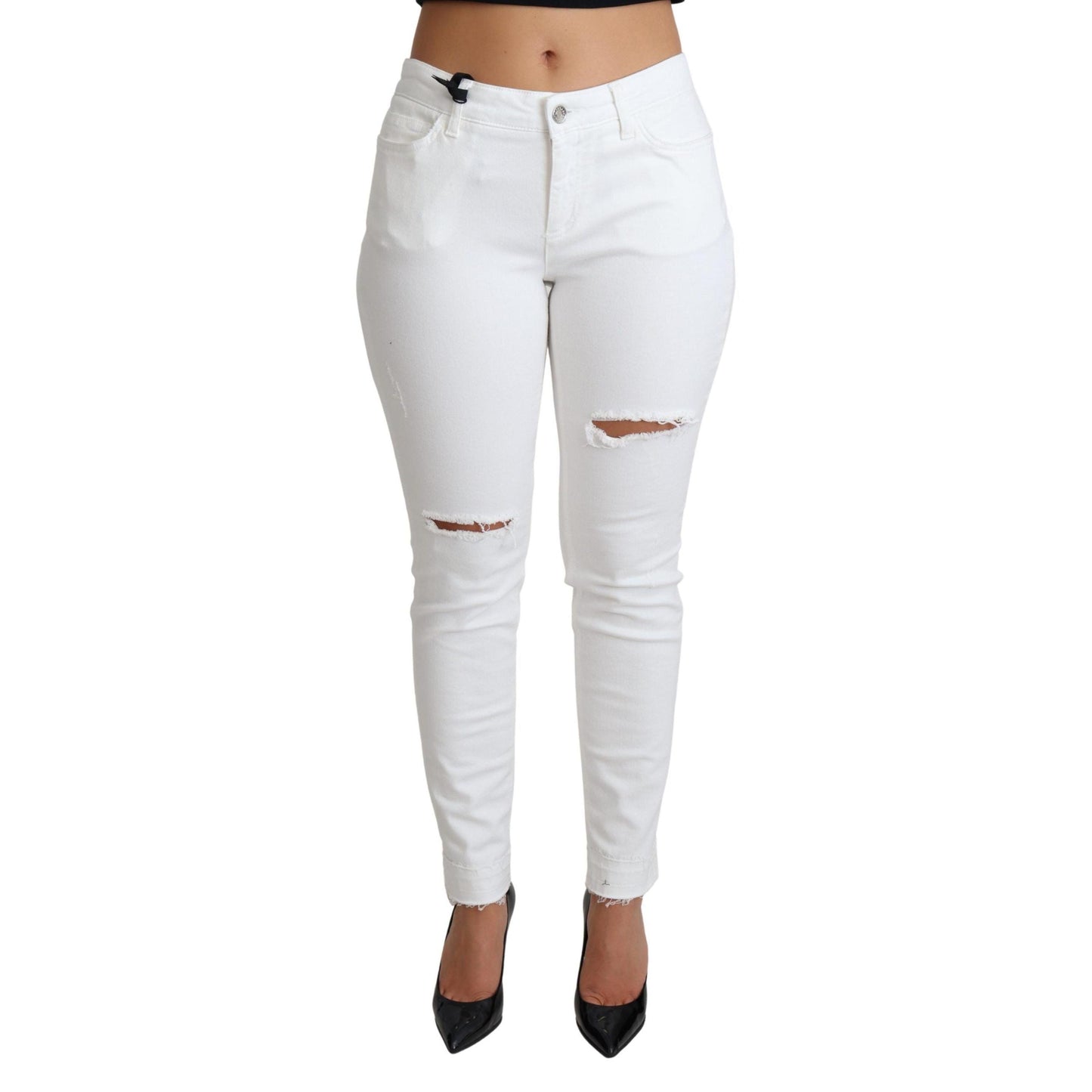 Dolce & Gabbana White Tattered Skinny Denim Cotton Stretch Jeans