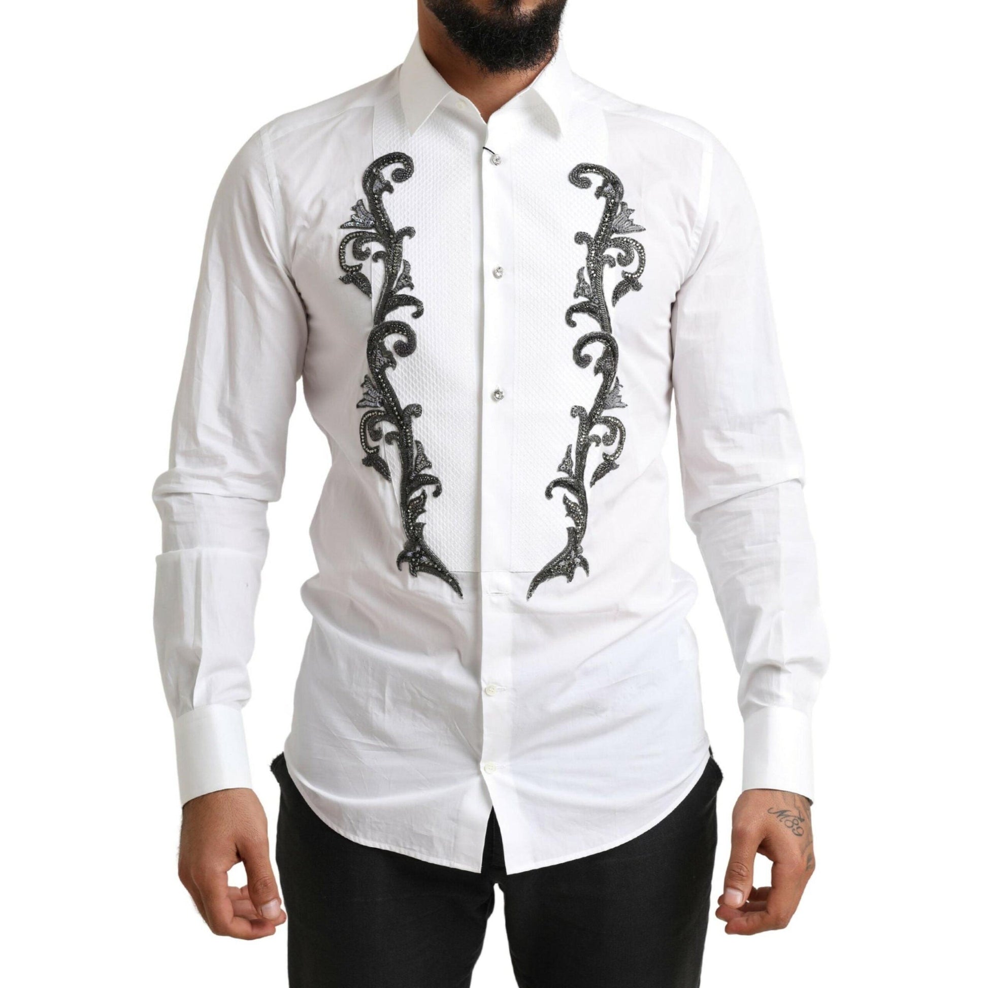 Dolce & Gabbana White Tuxedo Slim Fit Baroque Shirt