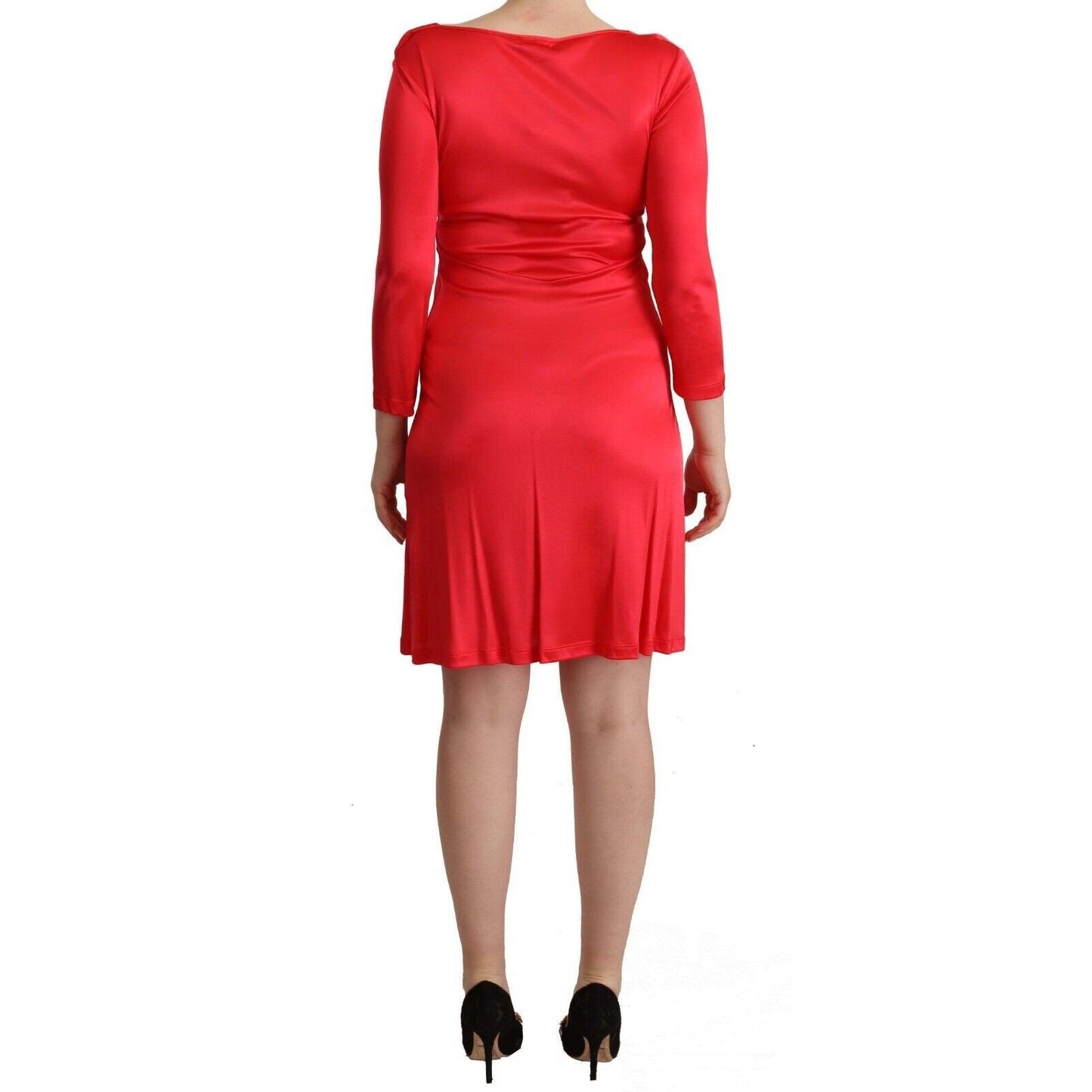 John Galliano Red Viscose 3/4 Sleeves Deep Round Neck Sheath Dress