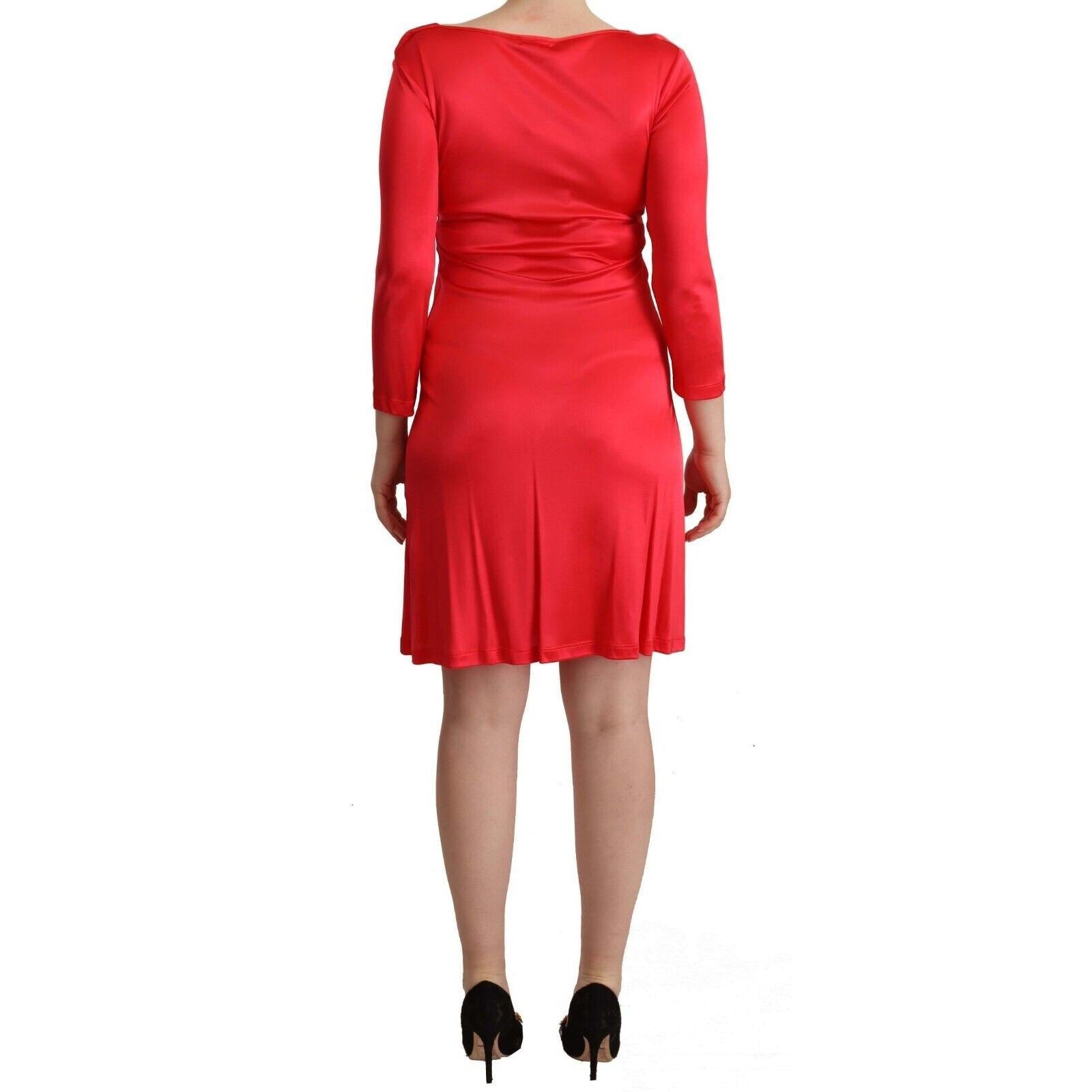 John Galliano Red Viscose 3/4 Sleeves Deep Round Neck Sheath Dress