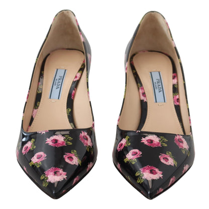 Prada Black Leather Floral Heels Stilettos Pumps