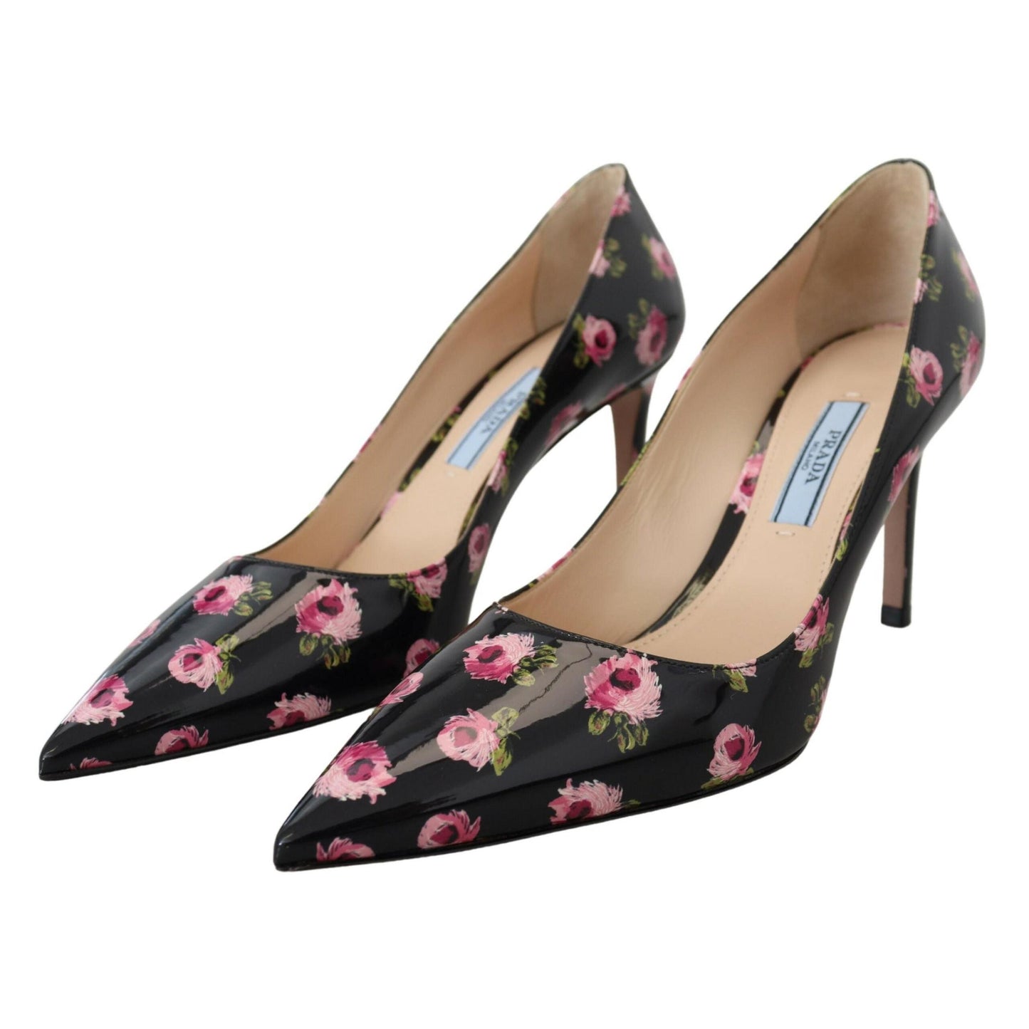 Prada Black Leather Floral Heels Stilettos Pumps