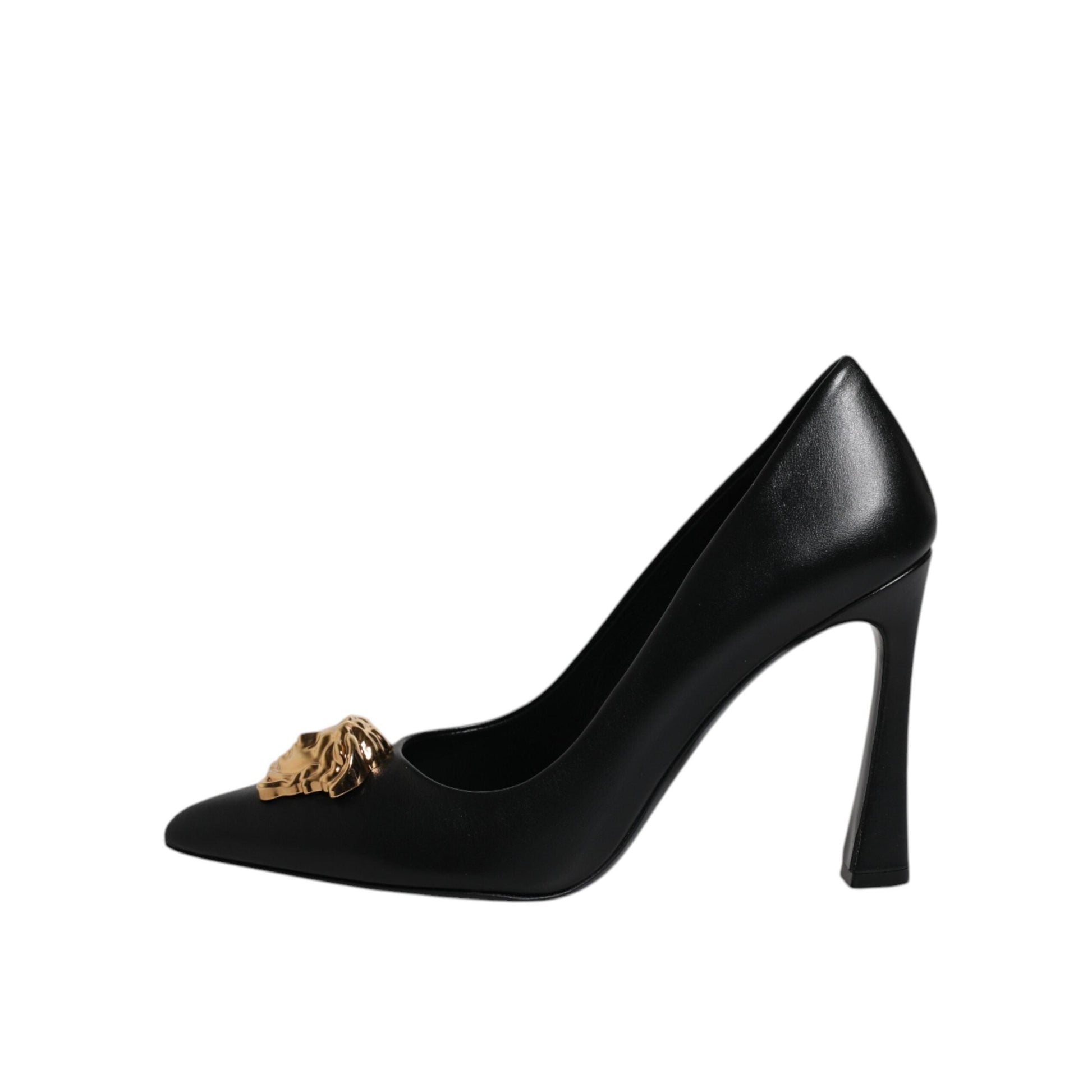 Versace Black Leather Logo Plaque High Heels Pumps Shoes