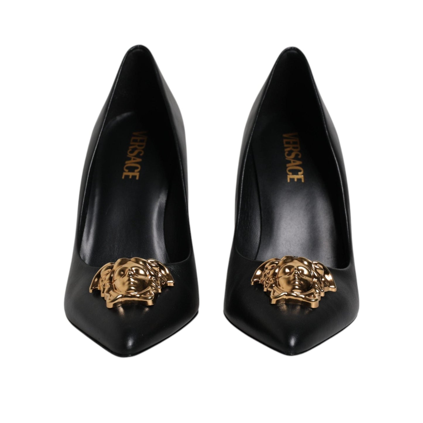 Versace Black Leather Logo Plaque High Heels Pumps Shoes