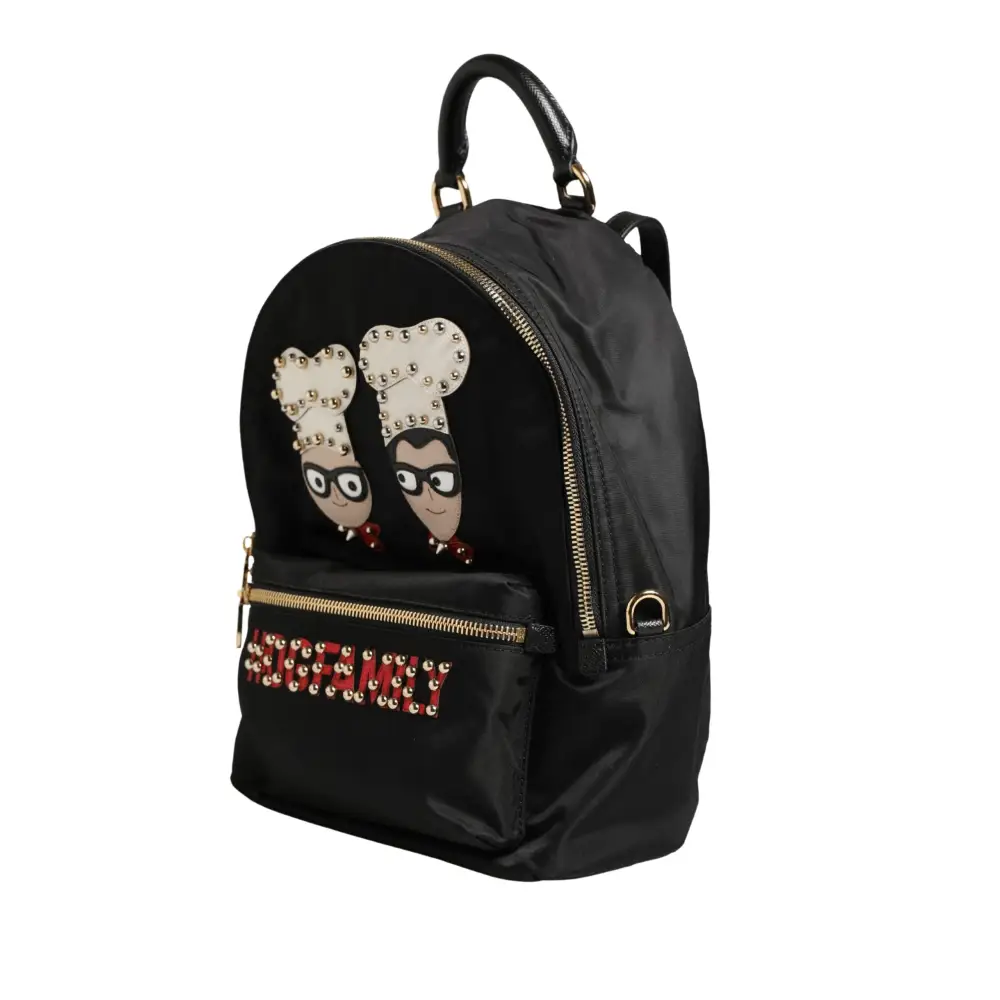 Gabbana Vulcano black nylon backpack med Moschino-motiver