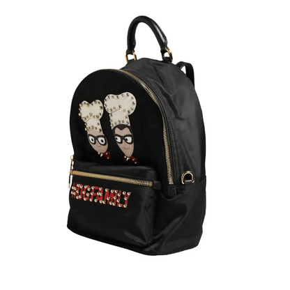 Gabbana Vulcano black nylon backpack med Moschino-motiver