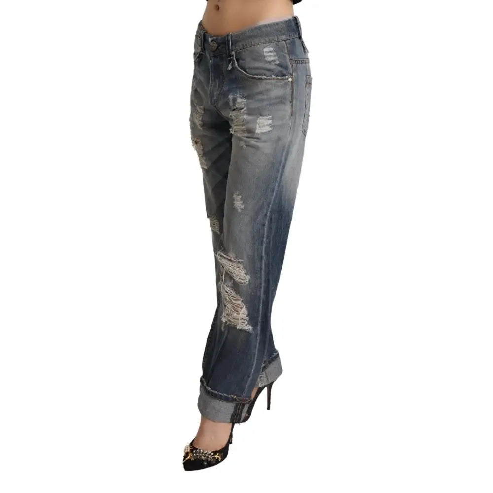 Acht Blue Tattered Mid Waist Straight Denim Cotton Jeans