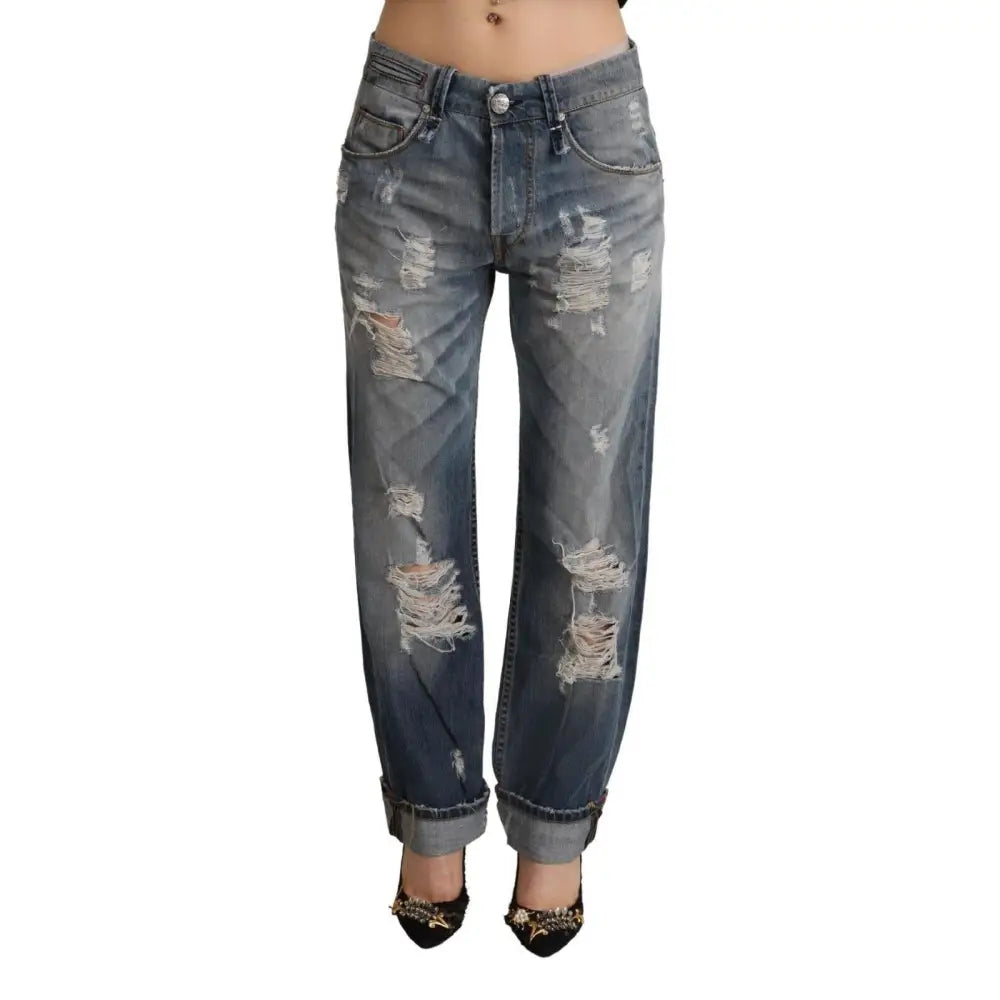 Acht Blue Tattered Mid Waist Straight Denim Cotton Jeans
