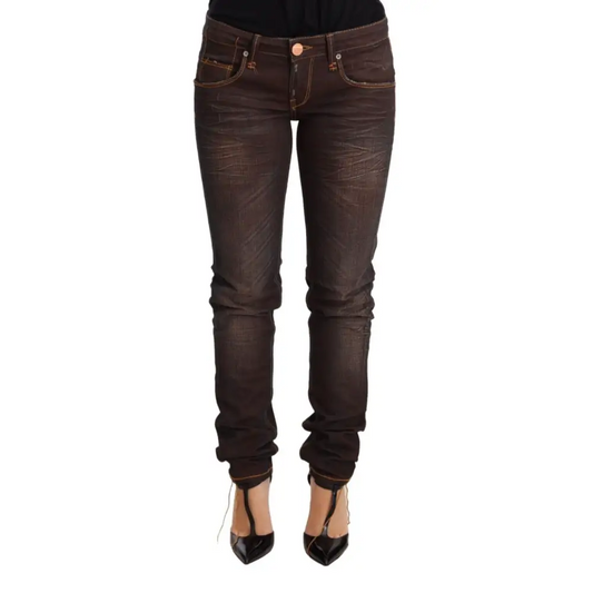 Acht Brown Washed Cotton Slim Fit Denim Low Waist Trouser Jeans