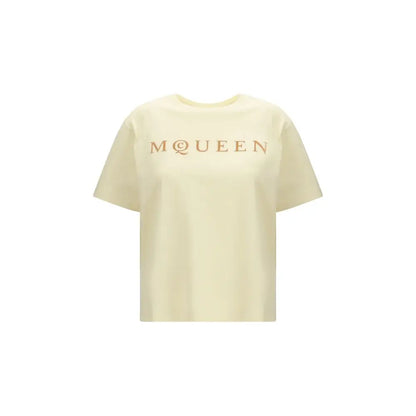 Alexander McQueen bicolor cotton t-shirt i cremfarvet med guldlogo