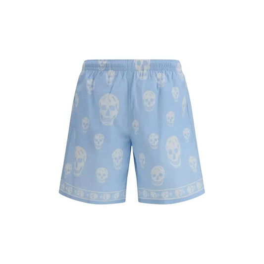 Alexander McQueen light blue polyamide Bermuda shorts with white skull pattern