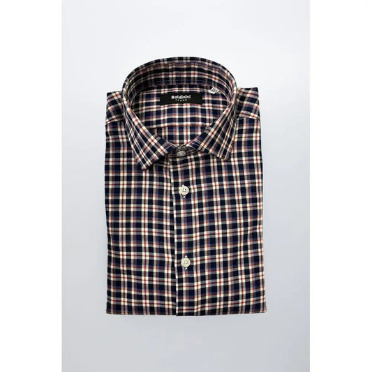 Baldinini trend multicolor cotton herre shirt i navy, creme og burgundy