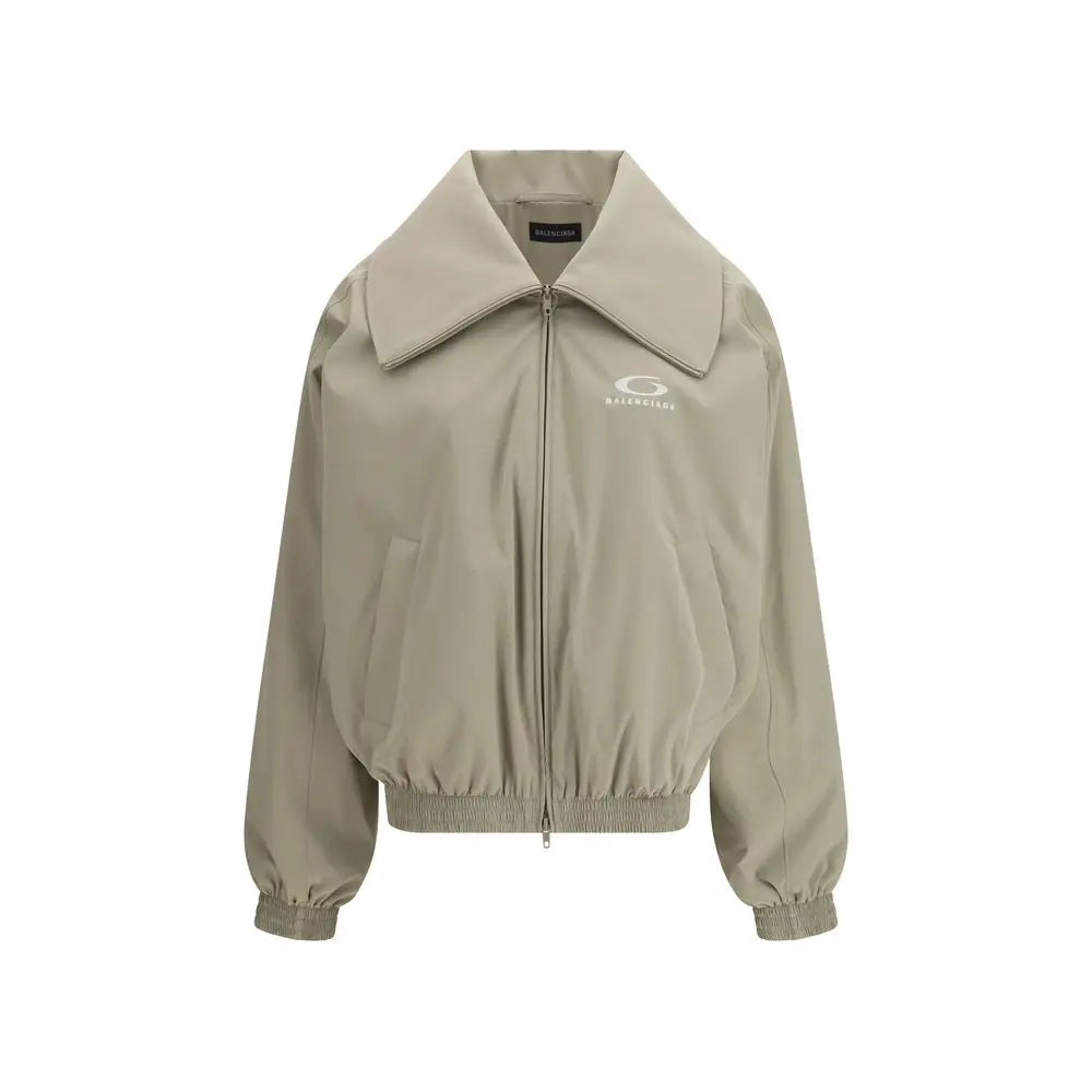 Balenciaga beige polyester bomber jacket med bred krave og hvidt logo