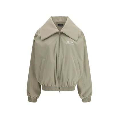 Balenciaga beige polyester bomber jacket med bred krave og hvidt logo