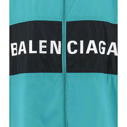Balenciaga bicolor polyamide shell jacket i teal og sort med hvid skrift