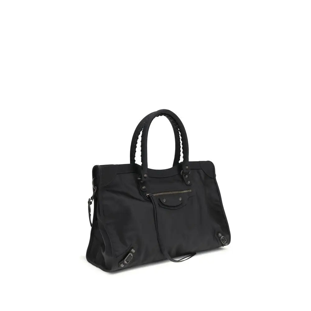 Balenciaga black polyamide shoulder bag med flættede håndtag og metalbeslag