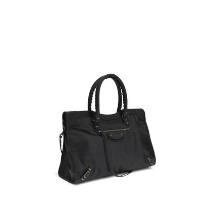 Balenciaga black polyamide shoulder bag med flættede håndtag og metalbeslag