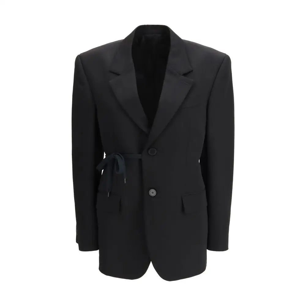 Balenciaga sort uld blazer med snøret talje og matchende slips. Spar 30-70% på mode
