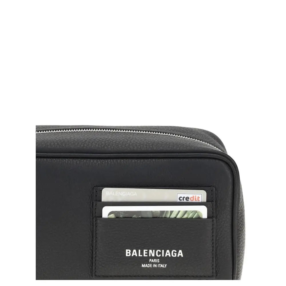 Sort Balenciaga Logo Beauty Case i sort sort læder med tekstureret overflade og sølv lynlås
