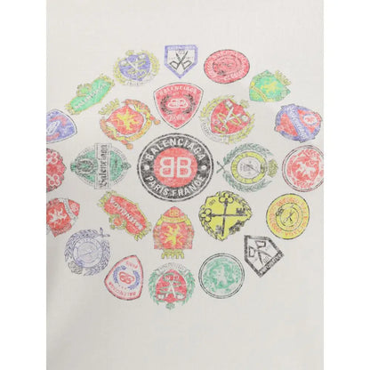 Balenciaga white cotton t-shirt med farverige vintage-emblemer