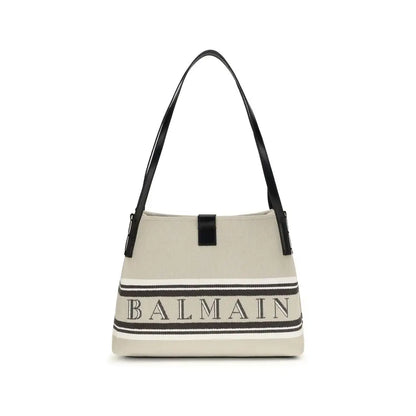 Balmain beige cotton skulderpose i cremfarvet med sorte læderremme og stribet logo