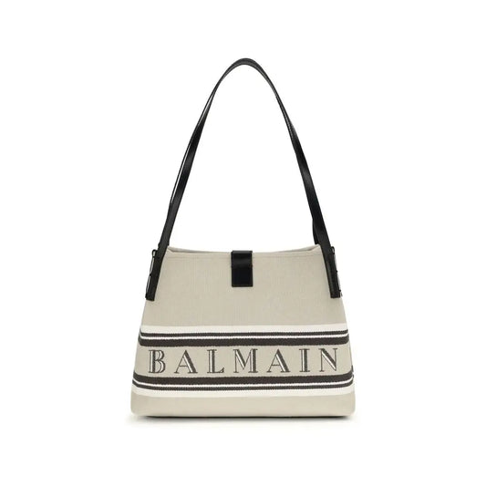Balmain beige cotton skulderpose i cremfarvet med sorte læderremme og stribet logo
