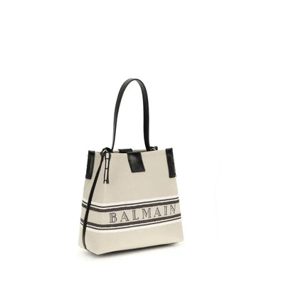 Balmain beige canvas tote bag med sort læder og logo – spar 30–70% på mode