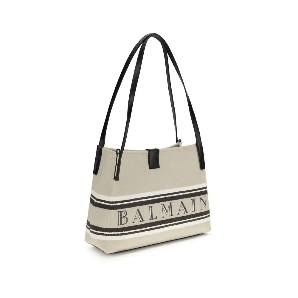 Balmain beige cotton skulderpose med sorte stropper og stribet logo