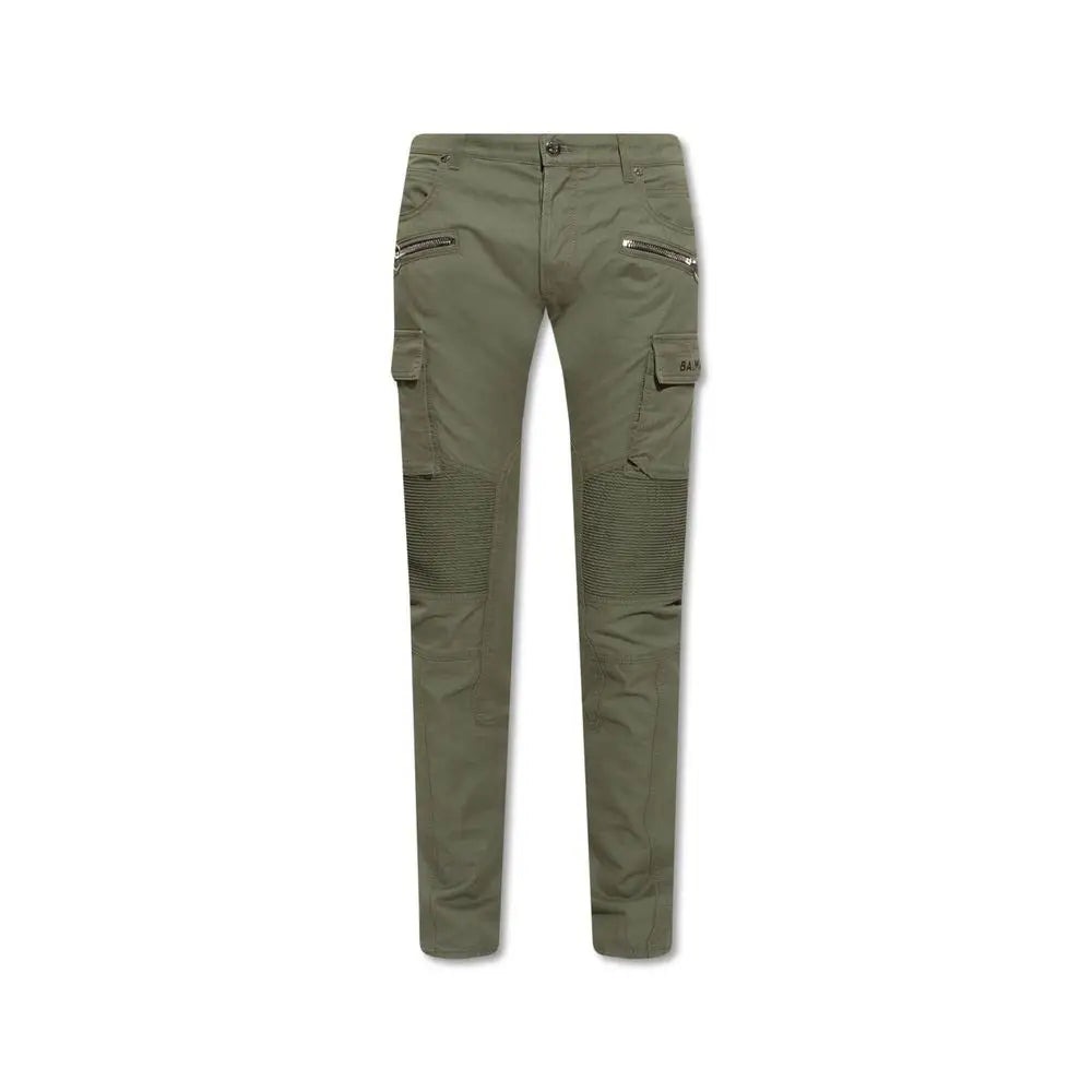 Balmain bicolor cotton cargo pants i olivengrøn med lynlåse og ribbede knæpaneler