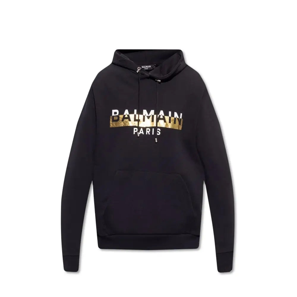 Balmain black cotton sweatshirt med guldfolie-logo på brystet