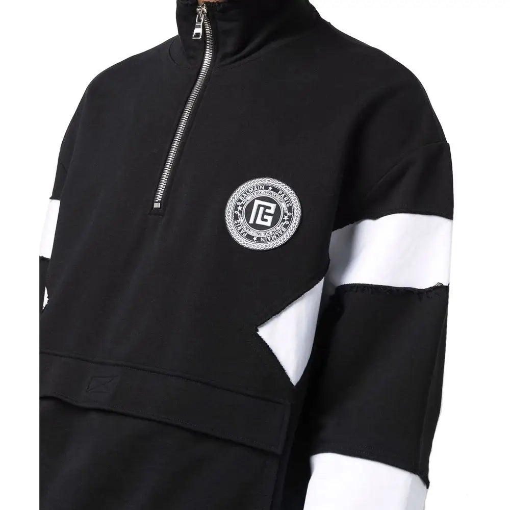 Balmain black cotton quarter-zip sweatshirt with embroidered logo