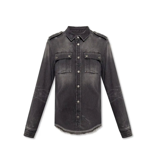 Balmain sort denim skjorte med distressed look og frayet kant