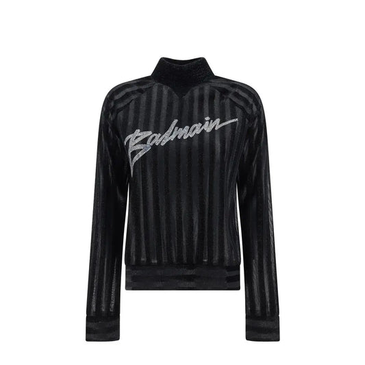 Balmain black elastane sweatshirt med skinnende ribbet tekstur og sølv rhinesten-logo